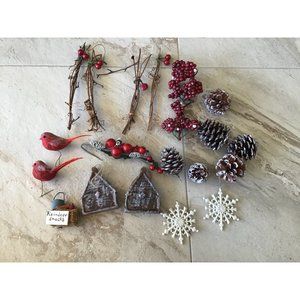 Vintage Christmas Picks, Ornaments - pine cones, birds, holly snowflakes